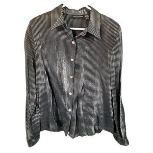 Impressions Blouse Size LARGE Black/Silver Button-up Long Sleeve Holiday Goth